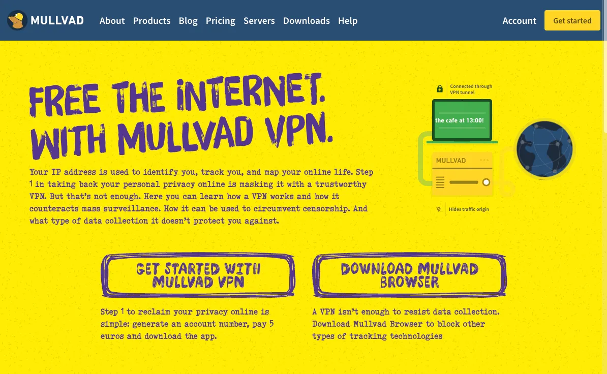 Trang chủ của trang web Mullvad VPN với các thông tin về quyền riêng tư