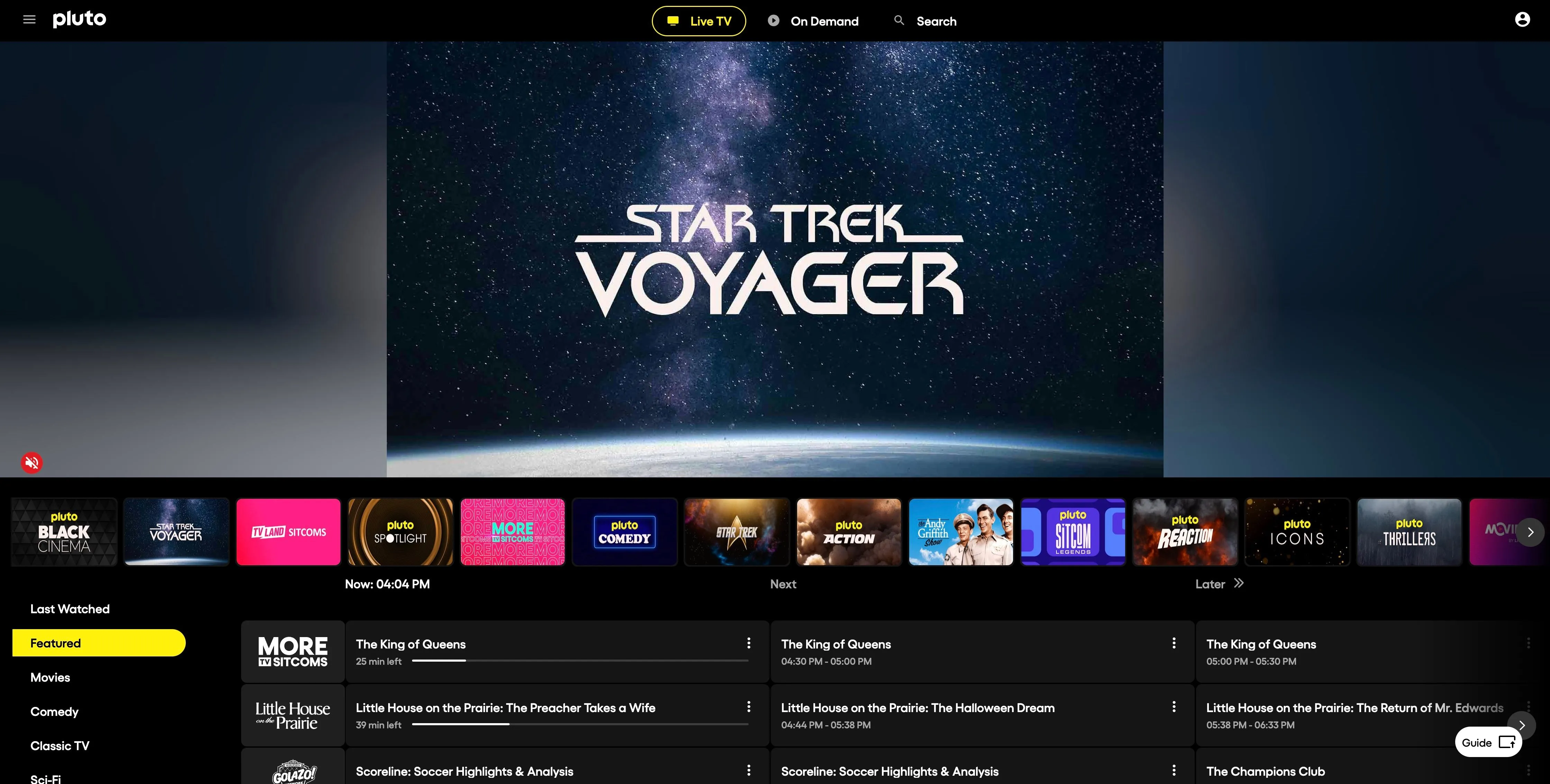 Trang chủ Pluto TV hiển thị kênh truyền hình trực tiếp với quảng cáo Star Trek
