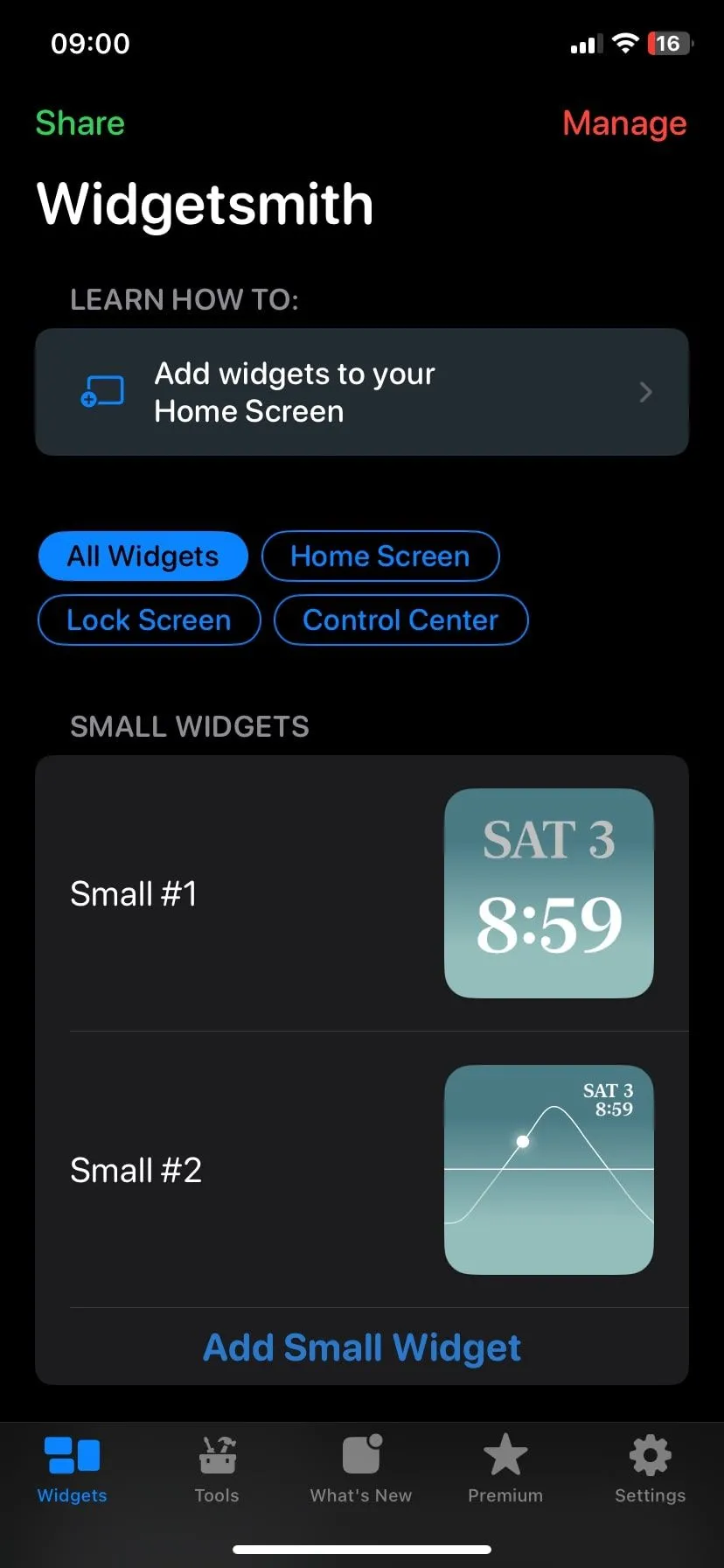 Trang chủ ứng dụng Widgetsmith trên iPhone