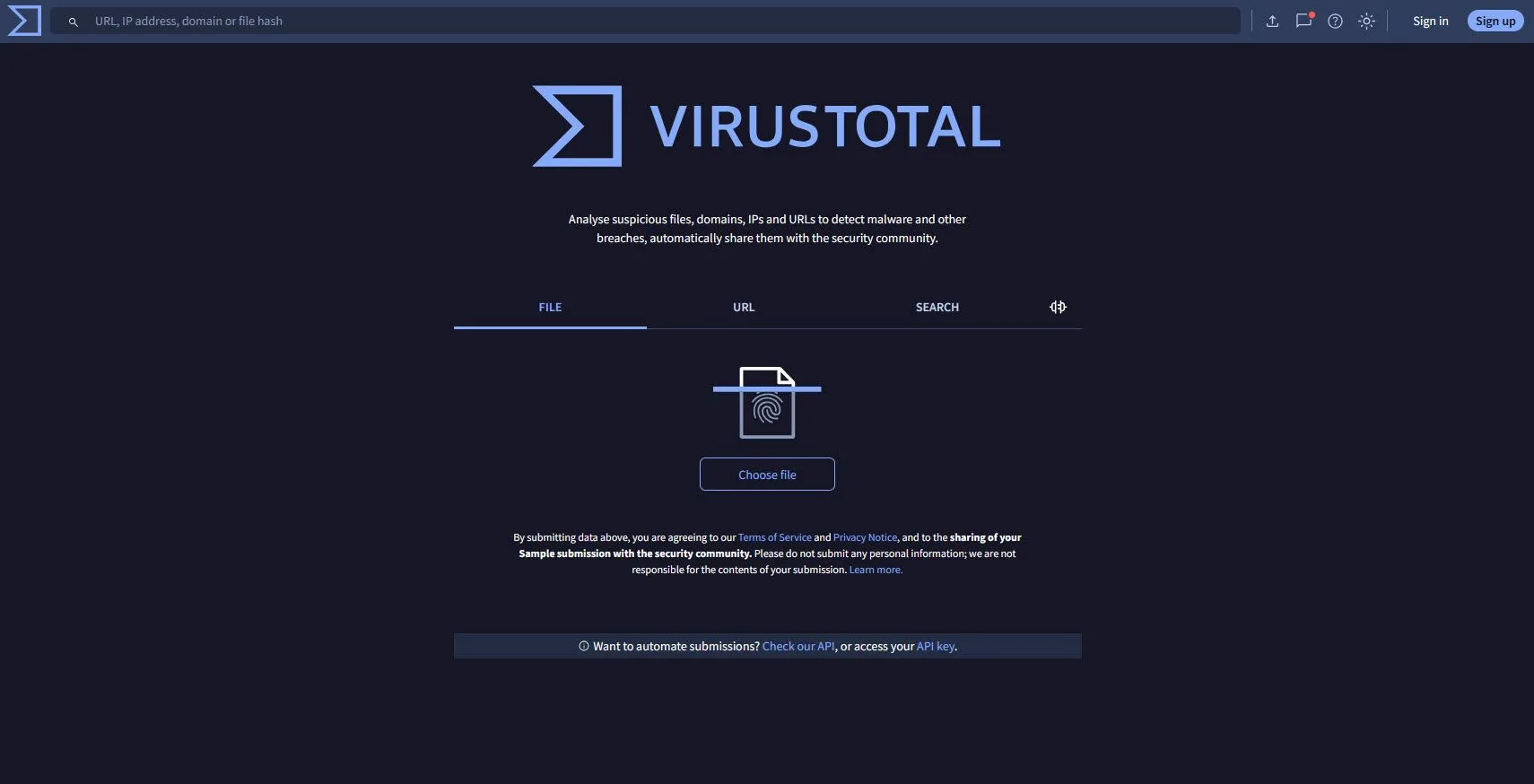 Trang chủ website VirusTotal với giao diện tải lên file hoặc URL để quét virus và mã độc trực tuyến.