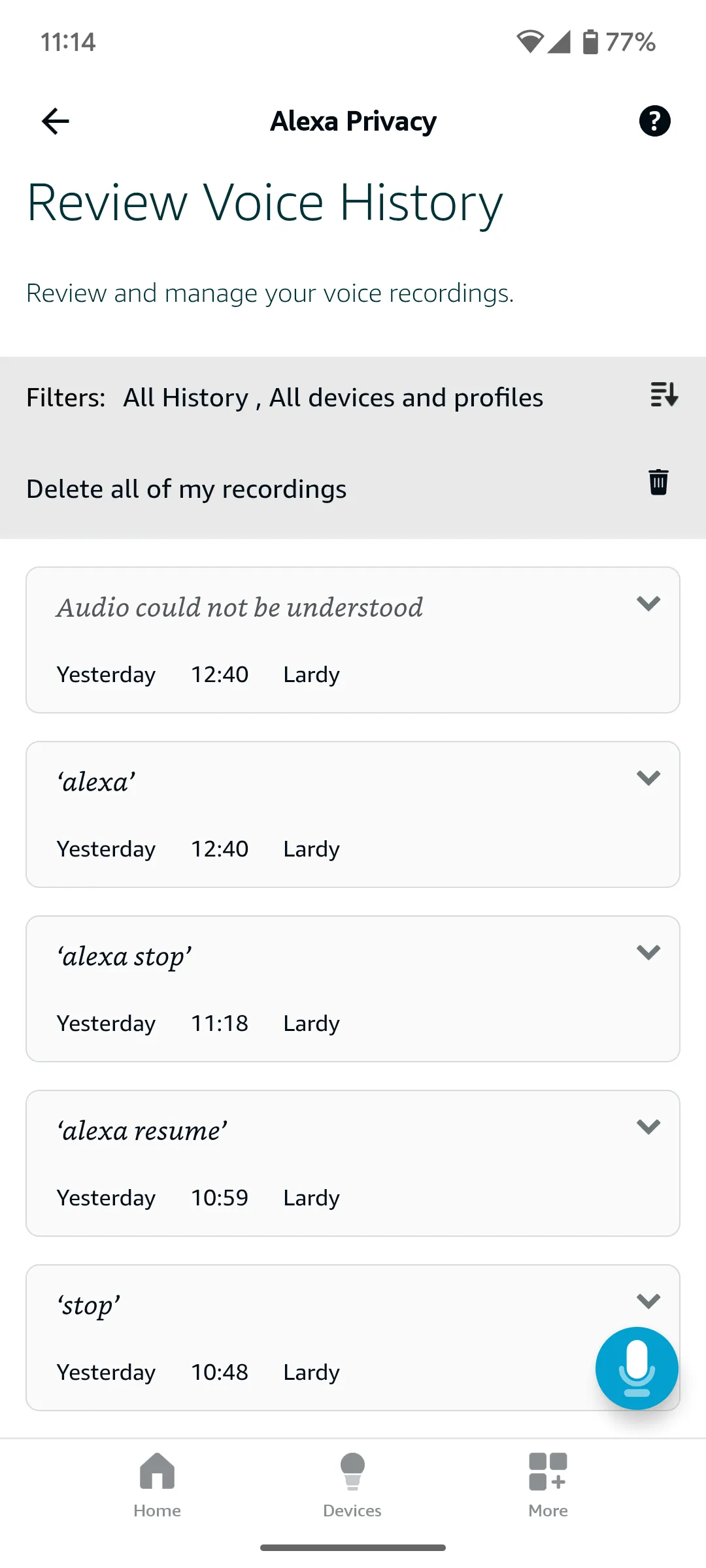 Trang quản lý các bản ghi âm giọng nói của người dùng trong ứng dụng Alexa, cho phép xem lại và xóa các đoạn hội thoại đã lưu.