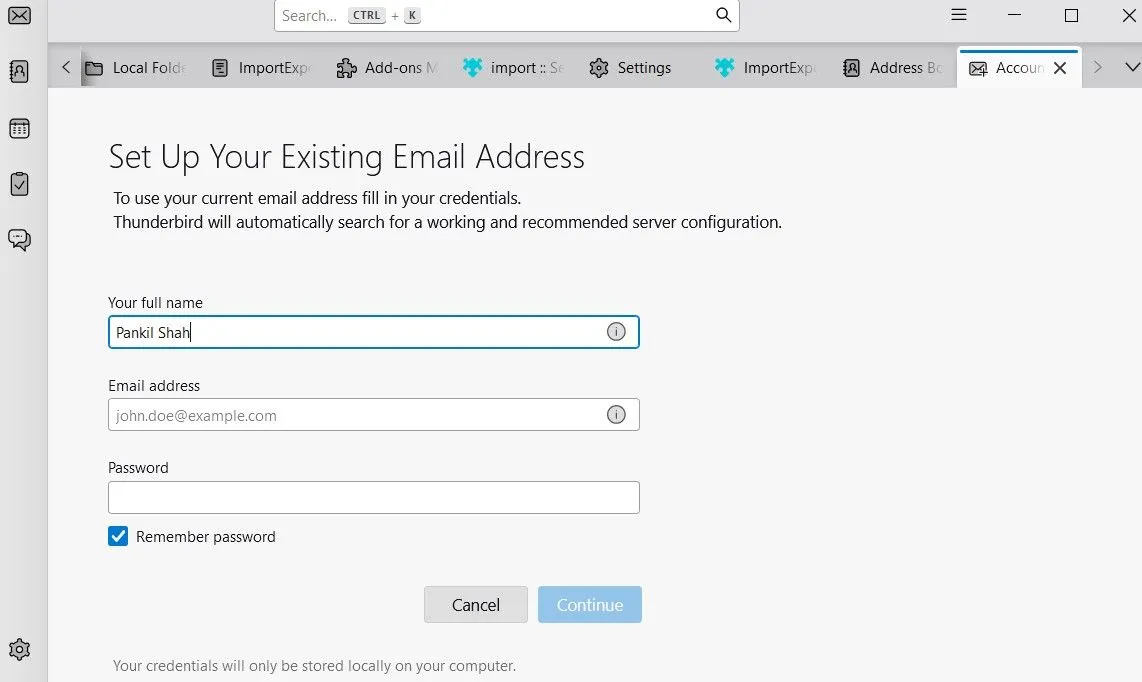 Trang &quot;Set up your existing email address&quot; trong Thunderbird để thêm tài khoản email mới