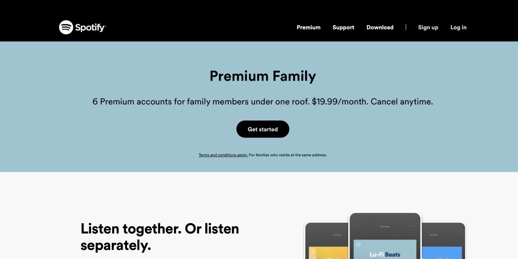 Trang Spotify giới thiệu gói Premium Family cho phép tối đa sáu thành viên cùng địa chỉ sử dụng