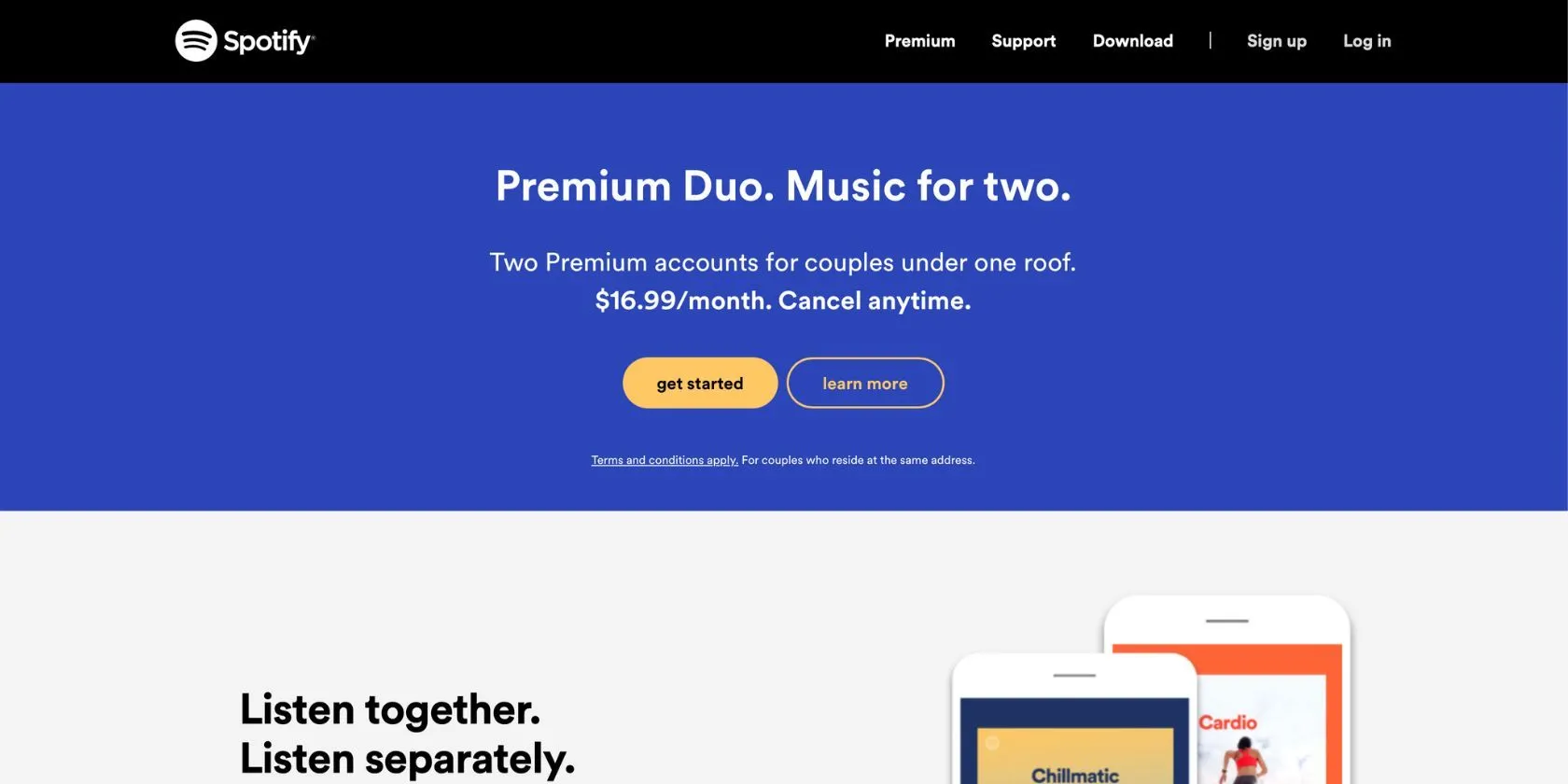 Trang Spotify hiển thị thông tin gói Premium Duo dành cho hai người dùng sống cùng địa chỉ