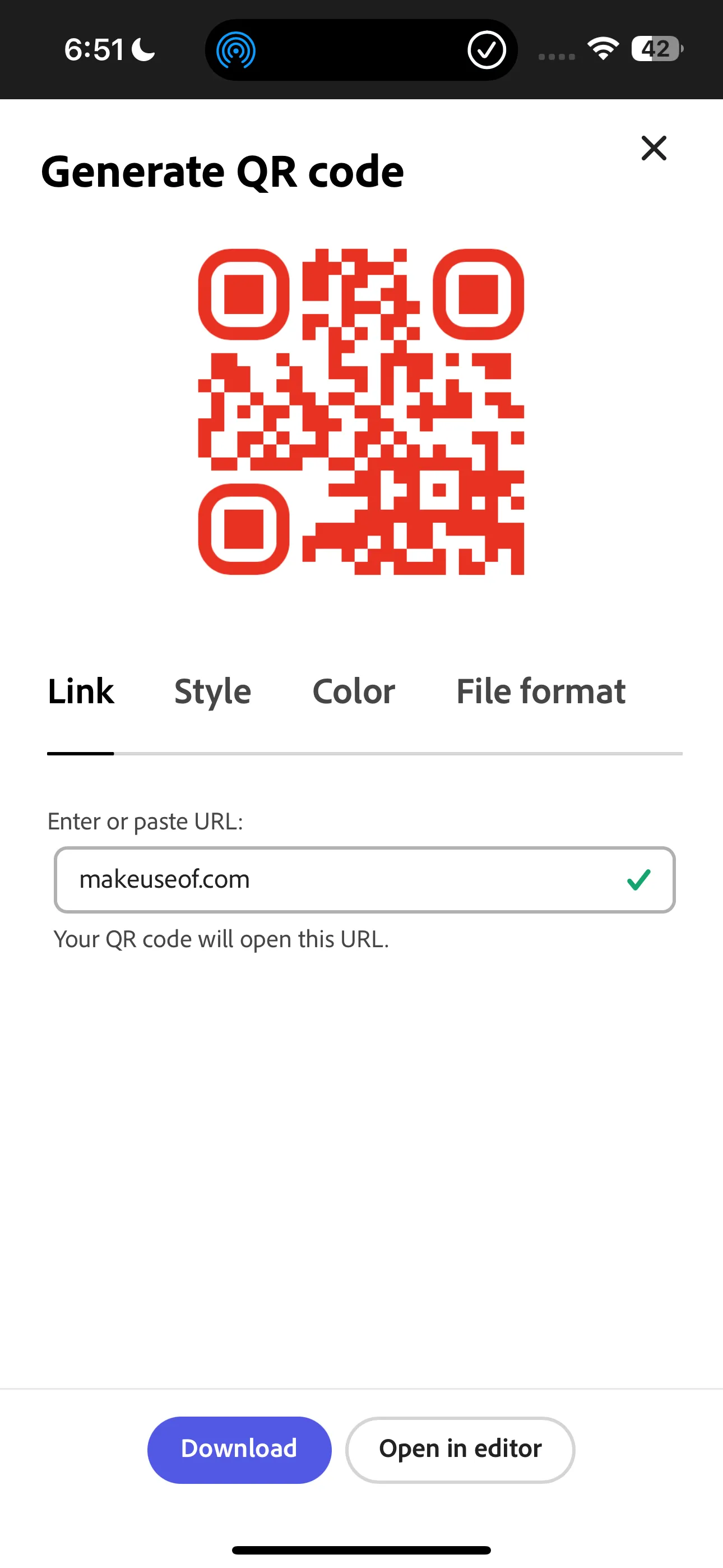 Trang tạo mã QR trong Adobe Express, hiển thị URL đã nhập và tùy chọn tạo mã QR