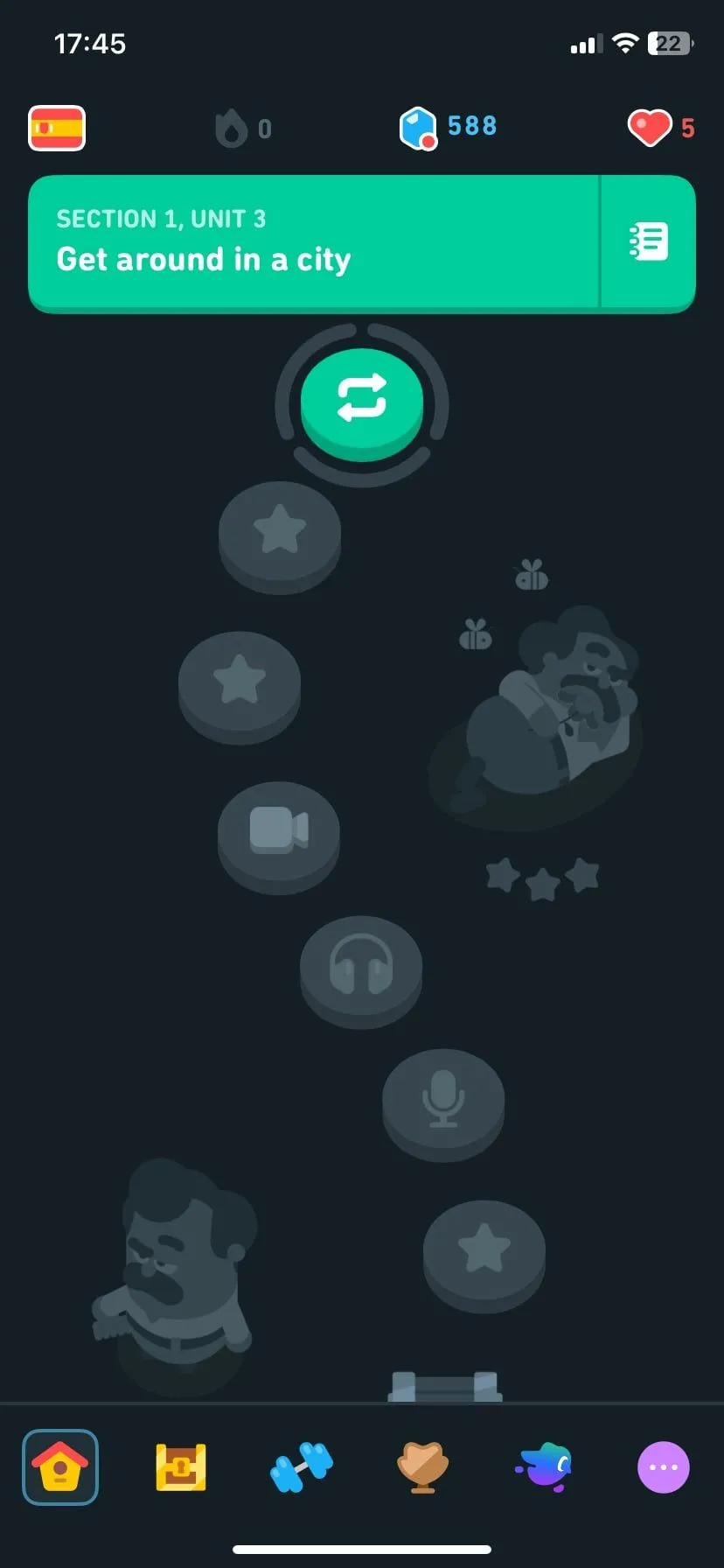 Trang tiến độ bài học của Duolingo hiển thị các đơn vị ngôn ngữ đã hoàn thành