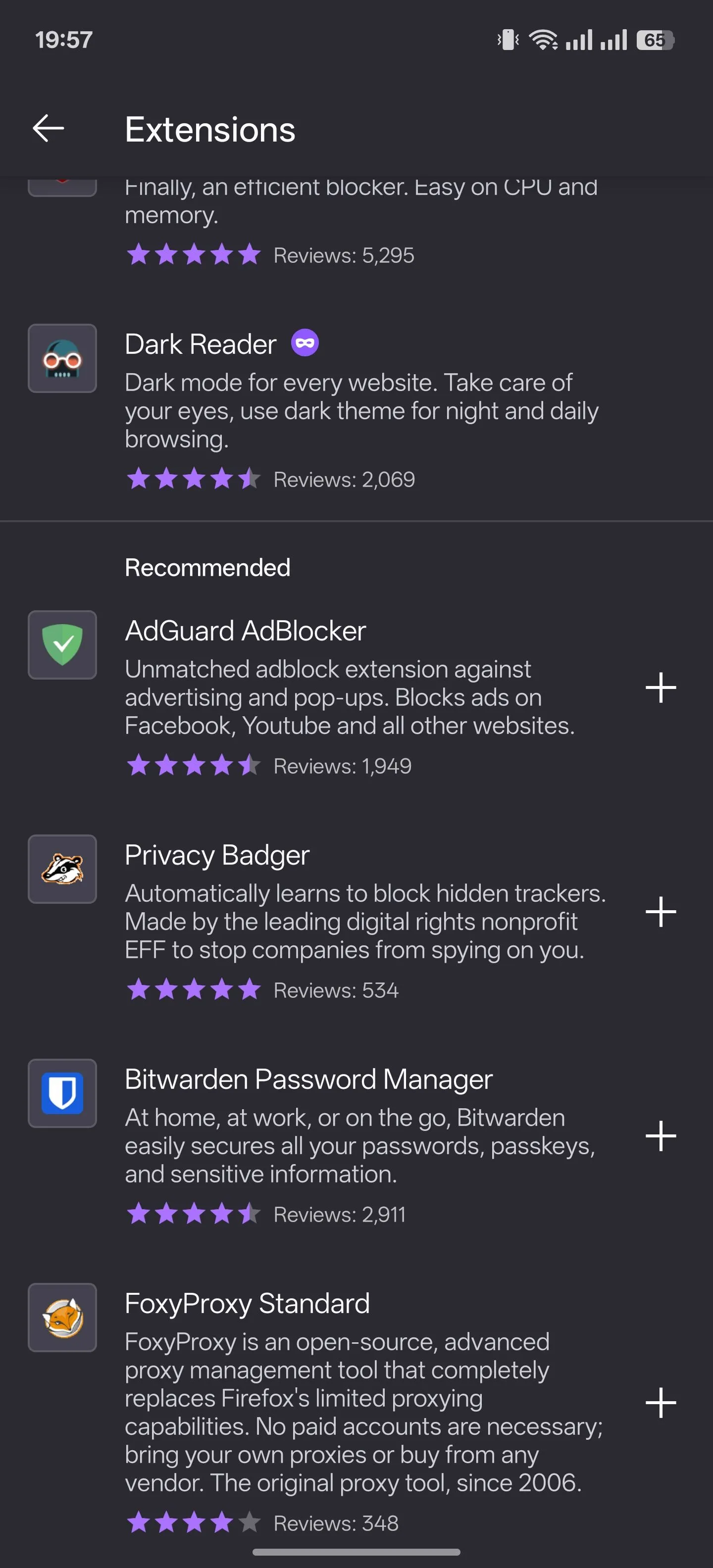 Trang tiện ích mở rộng trong Firefox cho Android, hiển thị các add-on đã cài đặt.