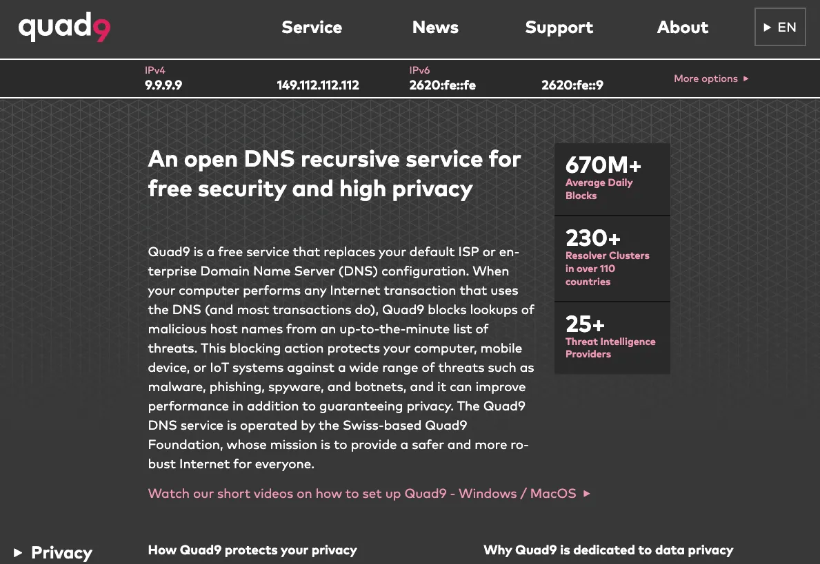 Trang web của dịch vụ phân giải DNS Quad9 hiển thị các tính năng bảo mật
