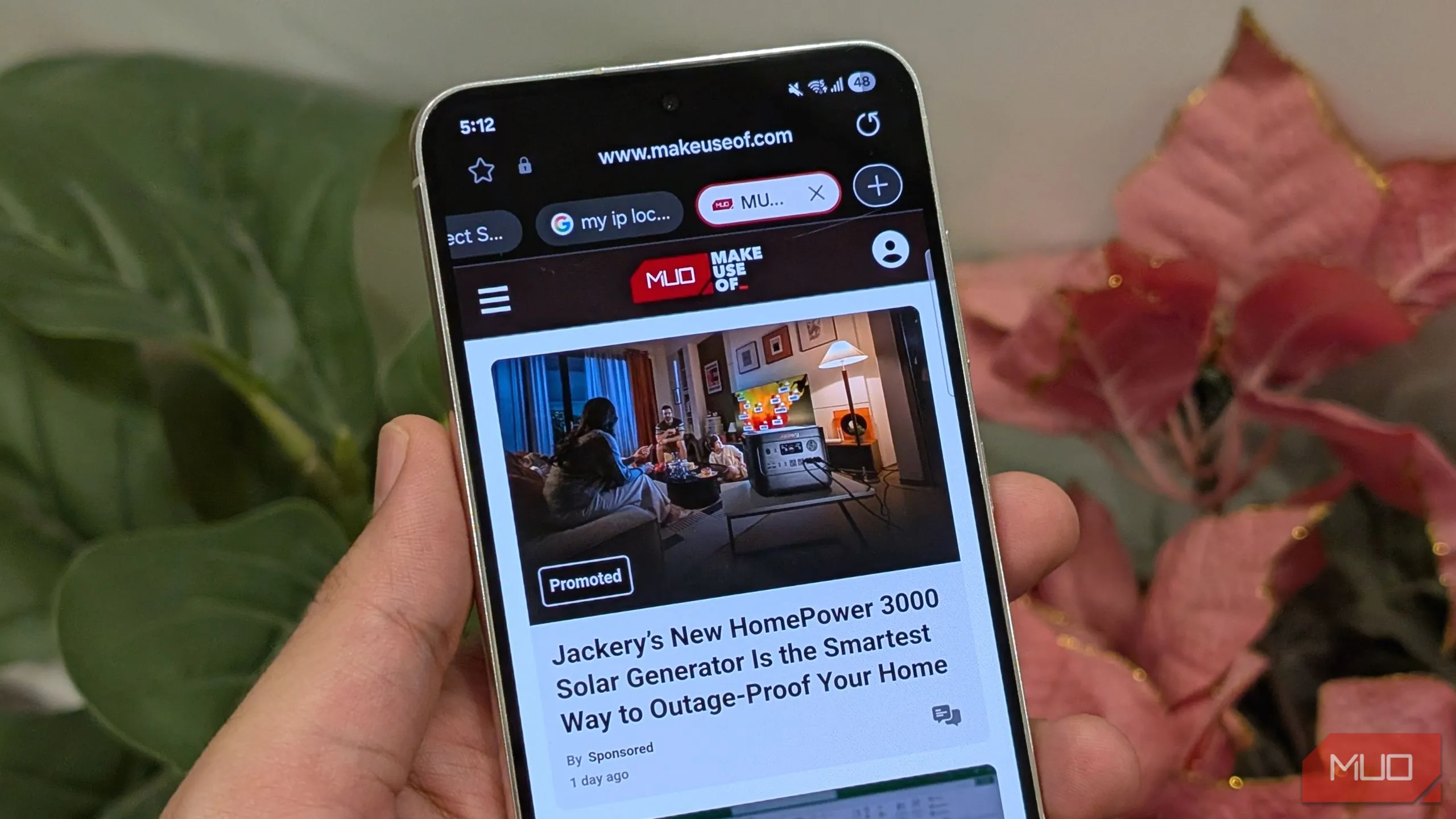 Trang web MakeUseOf được tải trên trình duyệt Samsung Internet