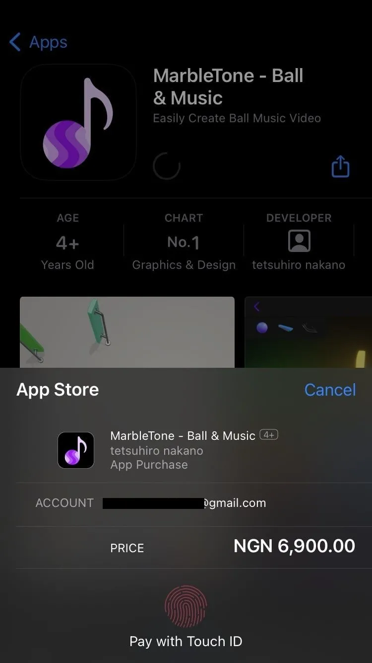 Trang xác nhận thanh toán hoặc tải ứng dụng trên App Store, yêu cầu xác thực Touch ID hoặc mật khẩu.