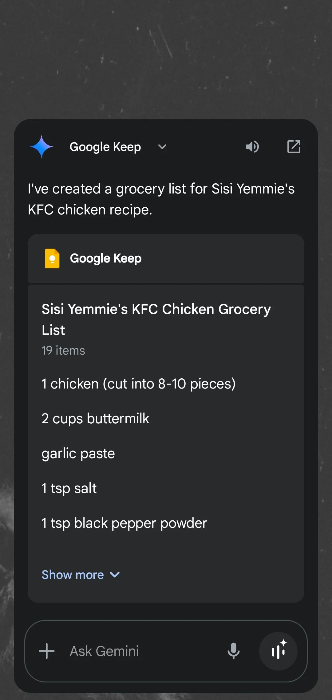 Trợ lý Gemini hiển thị danh sách mua sắm được tạo trong ứng dụng Google Keep