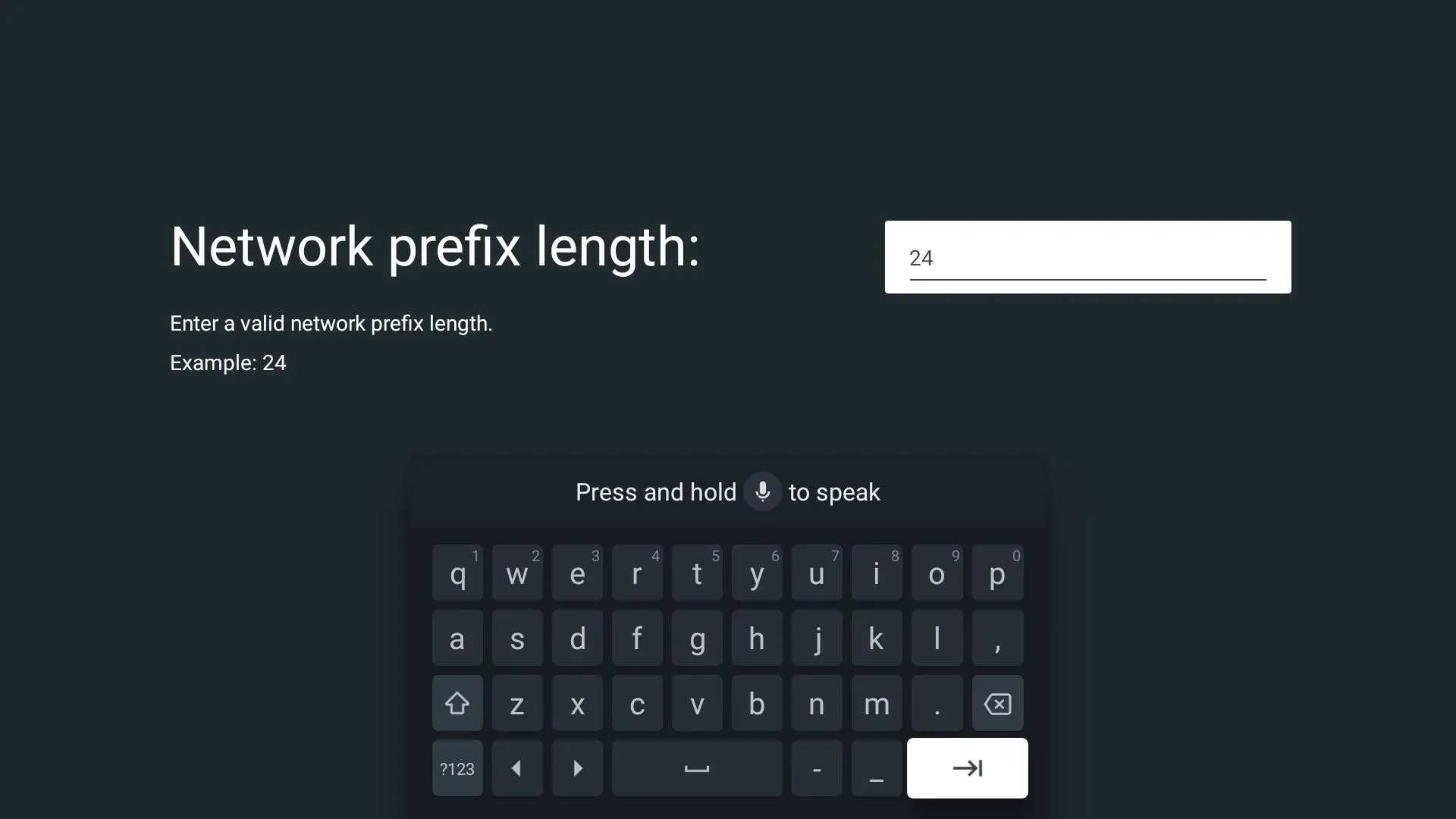 Tùy chỉnh độ dài tiền tố mạng (Network prefix length) khi thiết lập IP tĩnh trên Google TV.