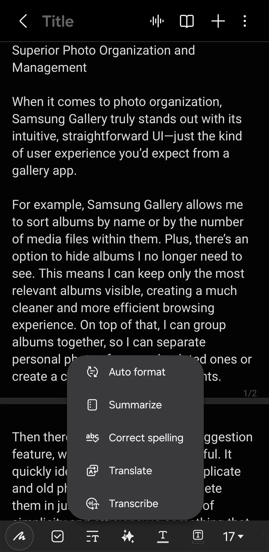 Tùy chọn Auto Format trong ứng dụng Samsung Notes, giúp tự động sắp xếp ghi chú với dấu đầu dòng và tiêu đề.