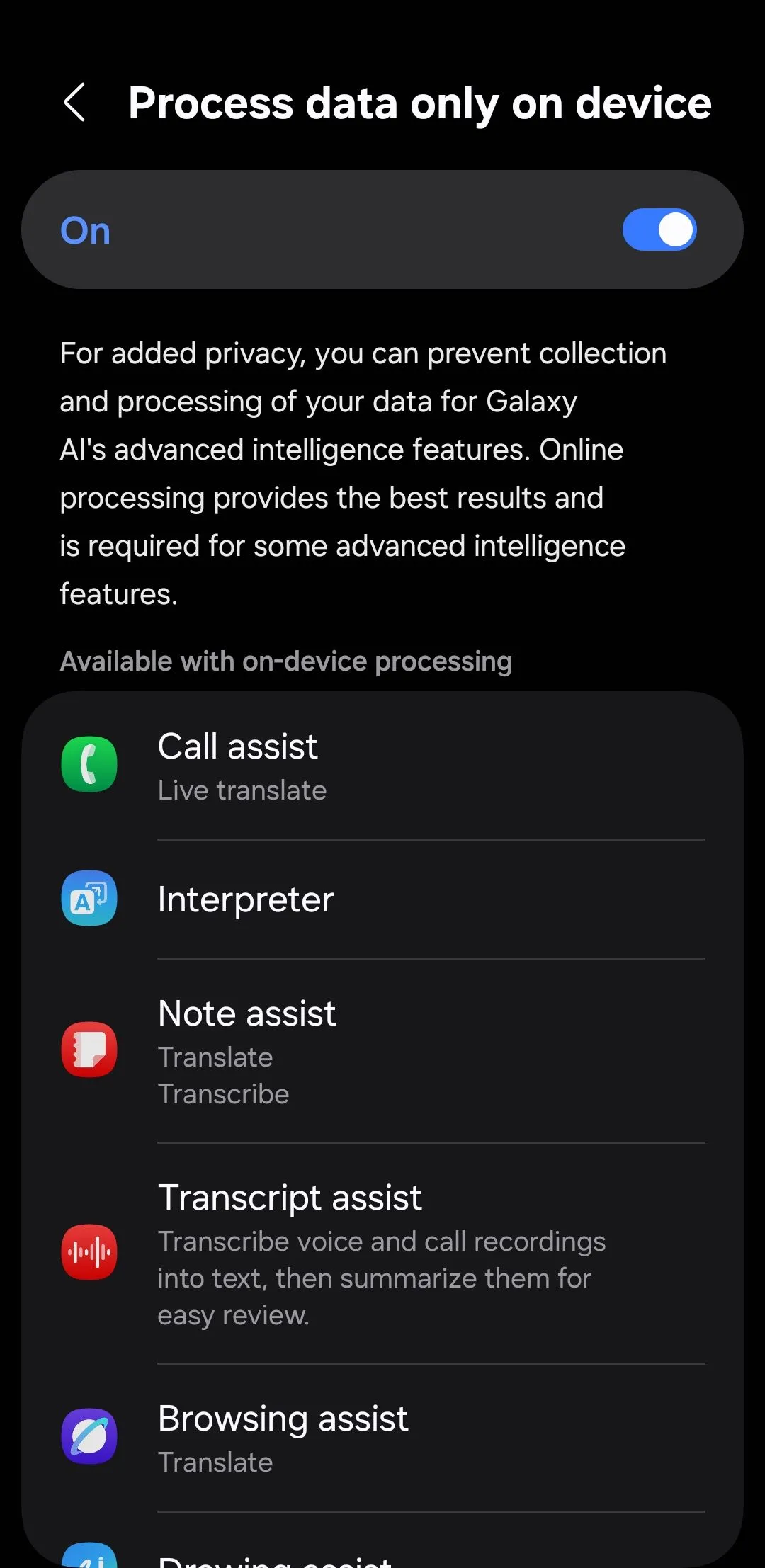 Tùy chọn bật xử lý dữ liệu Galaxy AI trực tiếp trên thiết bị