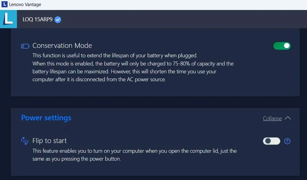 Tùy chọn Chế độ Bảo tồn (Conservation Mode) trong ứng dụng Lenovo Vantage, cho phép người dùng đặt giới hạn sạc pin để kéo dài tuổi thọ.