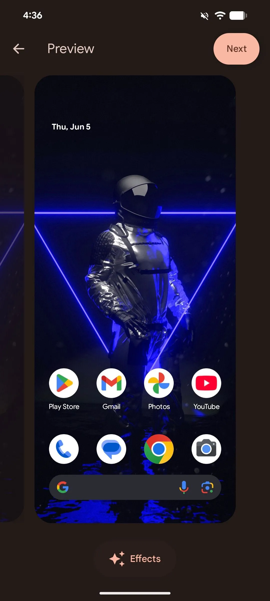 Tùy chọn 'Effects' được chọn trên màn hình xem trước hình nền trong Android 16