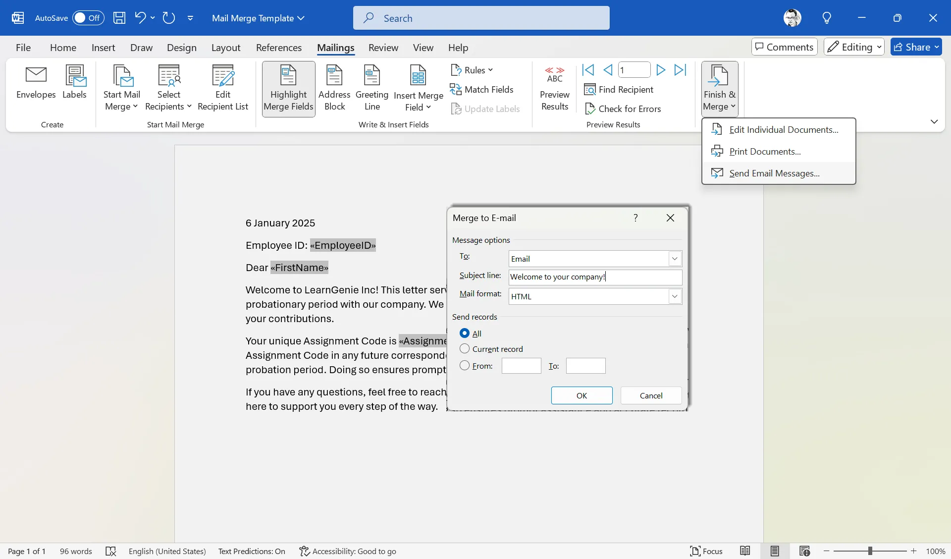 Tùy chọn Finish &amp; Merge trong Microsoft Word, cho phép người dùng Send Email Messages để hoàn tất việc trộn thư qua Outlook.