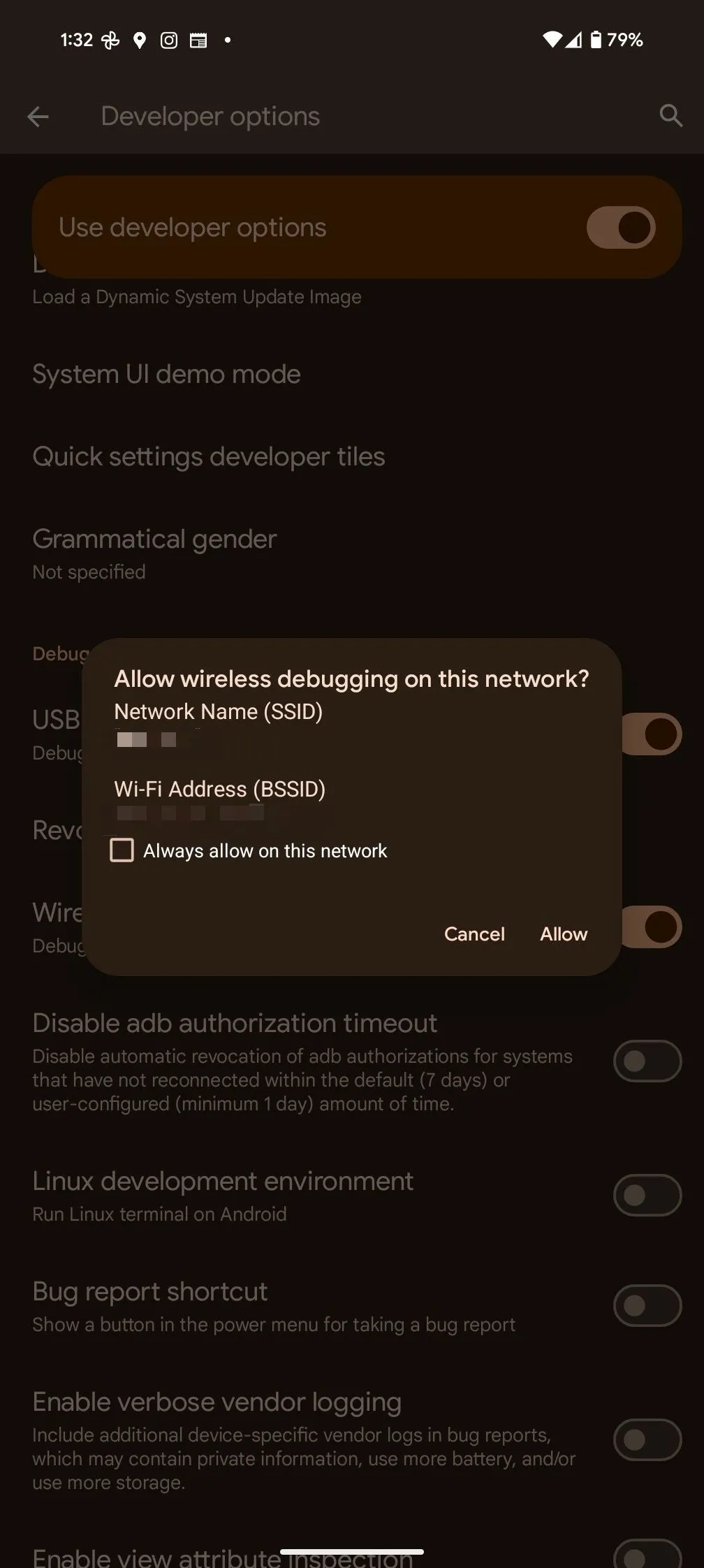 Tùy chọn Gỡ lỗi USB không dây (Wireless USB Debugging) trên Android, hỗ trợ thực hiện lệnh ADB qua Wi-Fi.