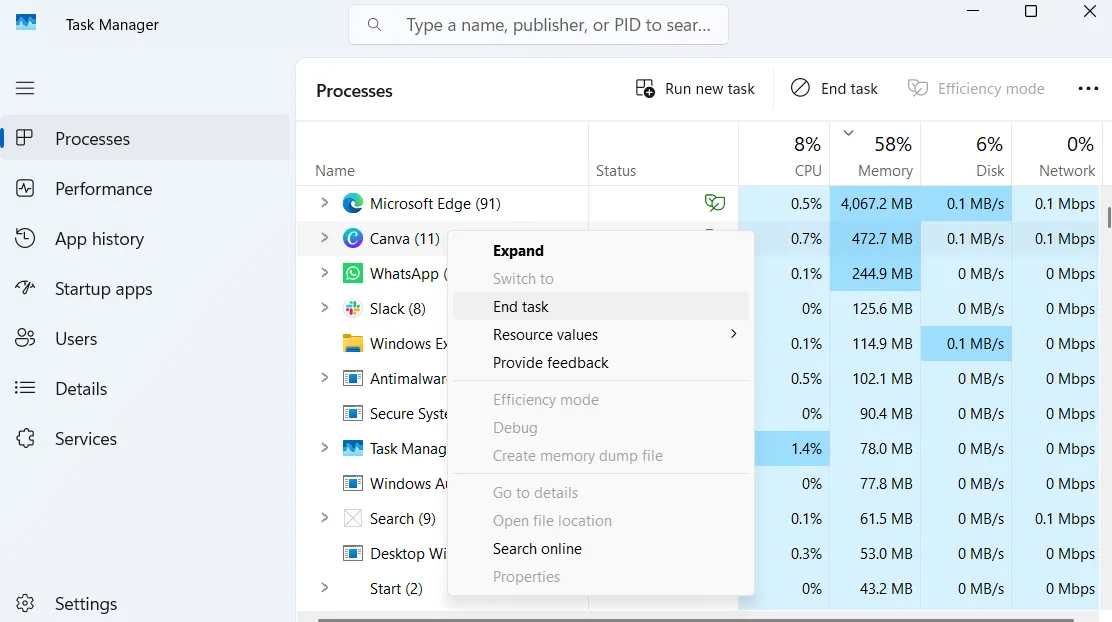 Tùy chọn Kết thúc tác vụ trong Trình quản lý Tác vụ Windows cho ứng dụng Canva