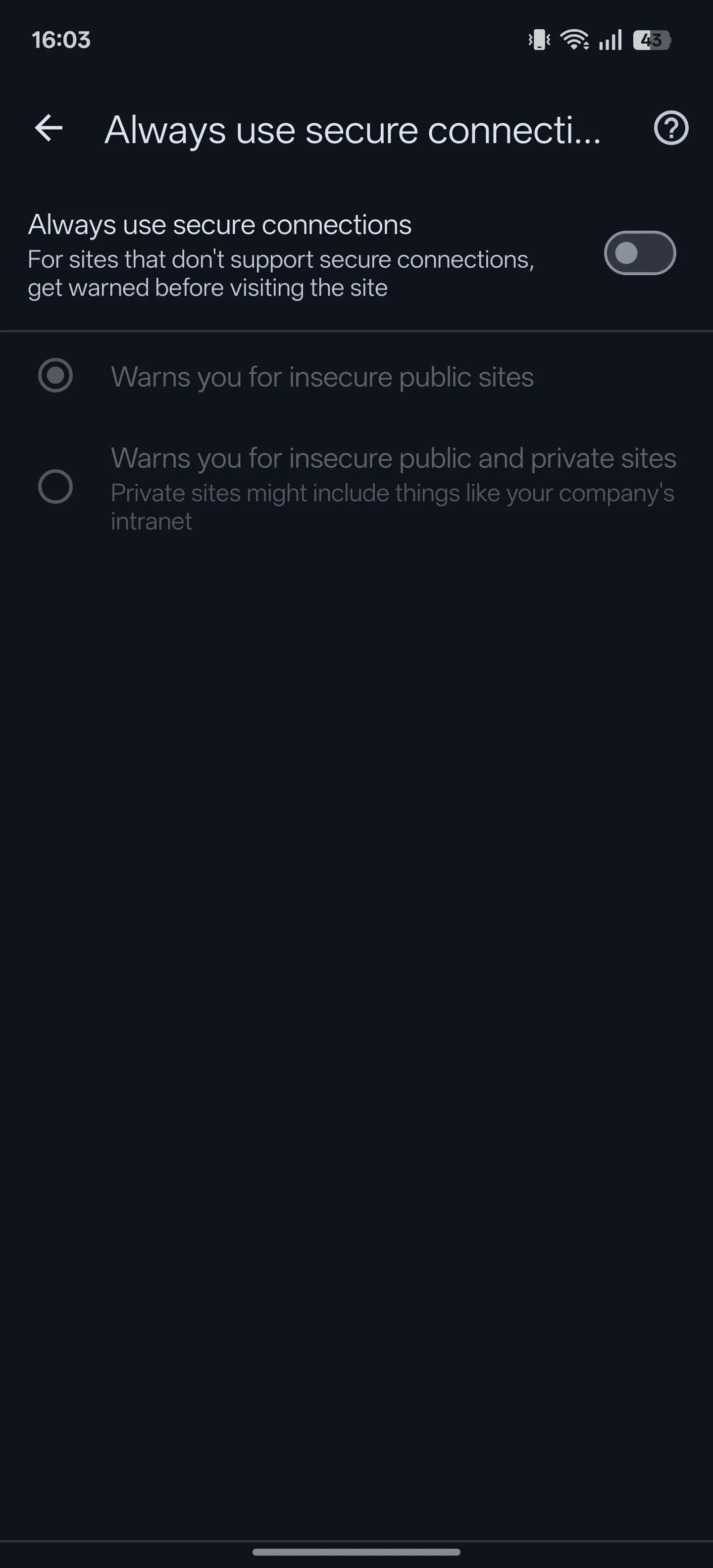 Tùy chọn &quot;Luôn sử dụng kết nối bảo mật&quot; (Always use secure connections) đang tắt trong cài đặt quyền riêng tư của Chrome Android.