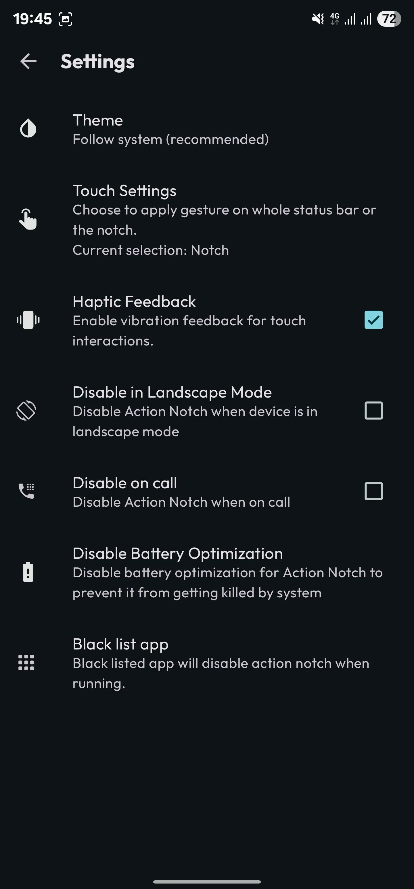 Tùy chọn Phản hồi xúc giác (Haptic Feedback) đã được chọn trong cài đặt của ứng dụng Action Notch, giúp tối ưu trải nghiệm nút bấm ảo.
