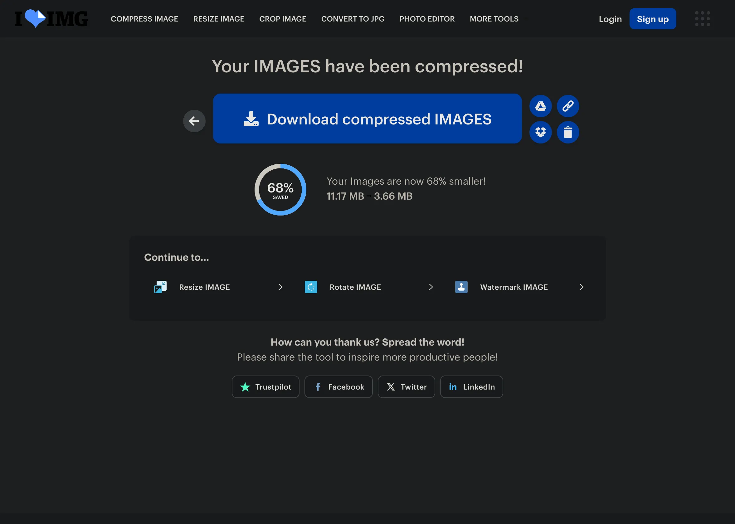 Tùy chọn tải xuống ảnh đã nén từ iLoveIMG, bao gồm lưu về thiết bị, Google Drive và Dropbox.
