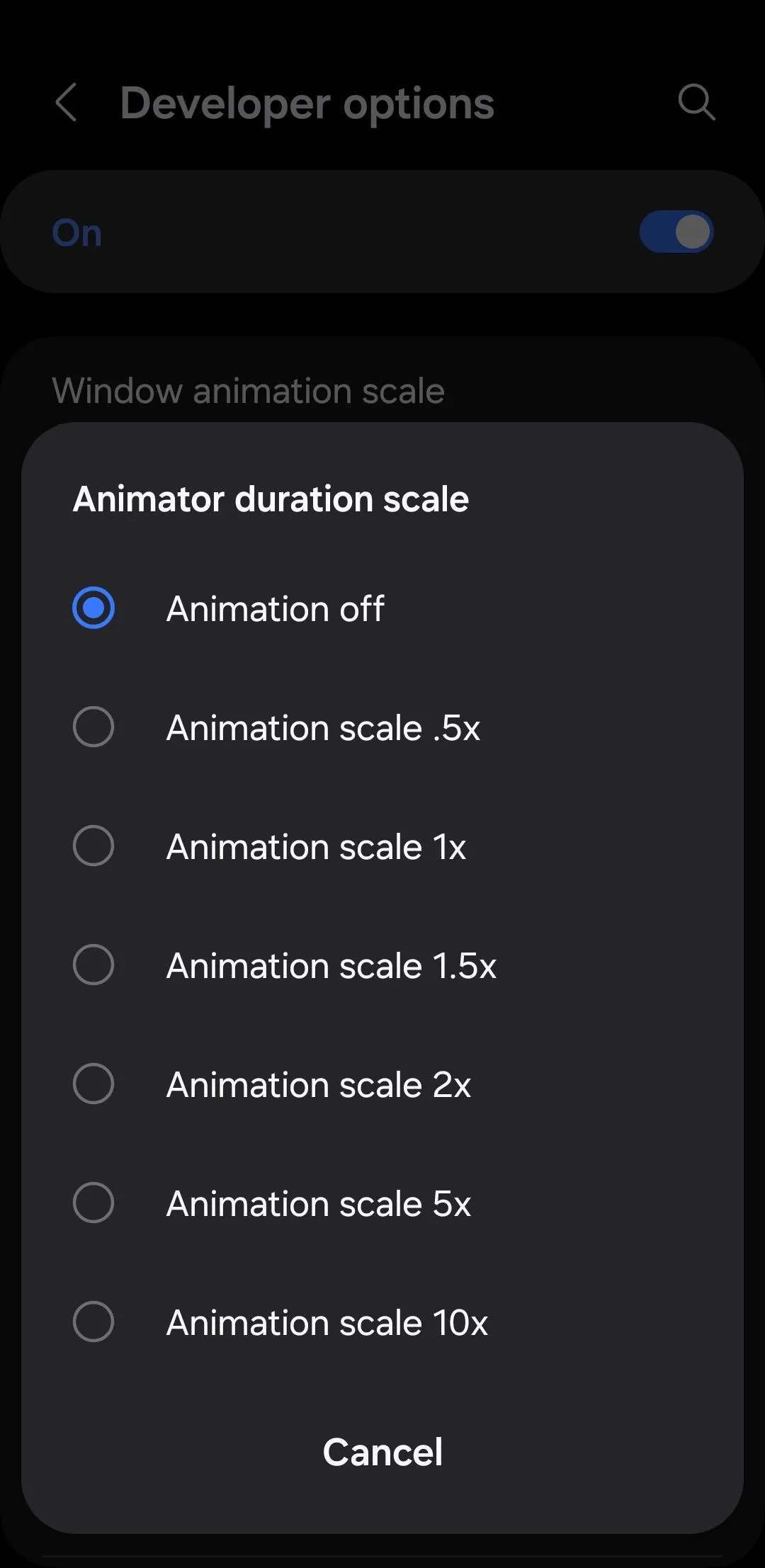 Tùy chọn tỷ lệ hiệu ứng hoạt ảnh (Animator duration scale) trong menu Tùy chọn nhà phát triển trên Android