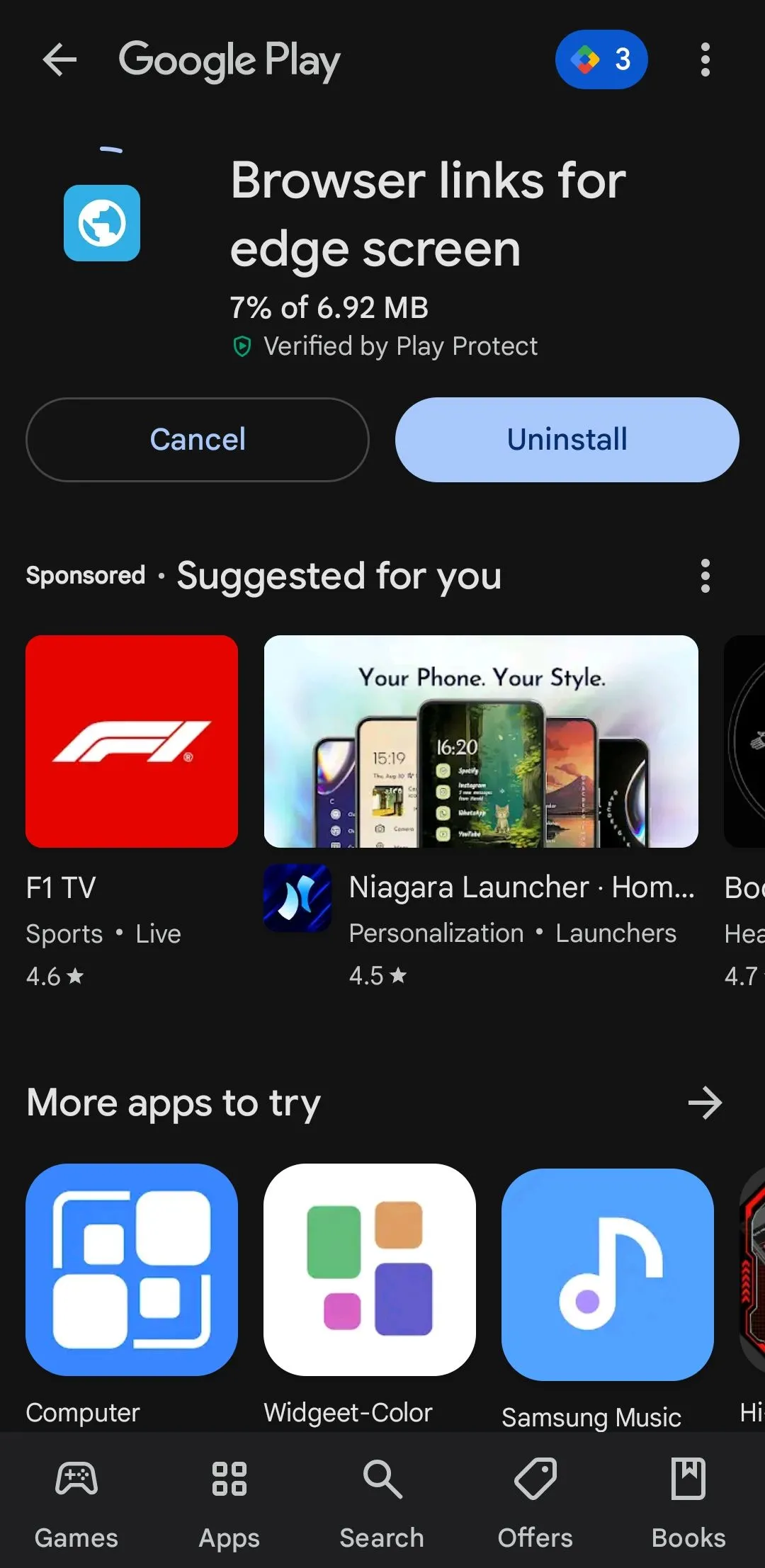 Ứng dụng &quot;Browser links for Edge screen&quot; hiển thị trên Google Play Store, cho phép ghim các liên kết website vào Edge Panel Samsung.