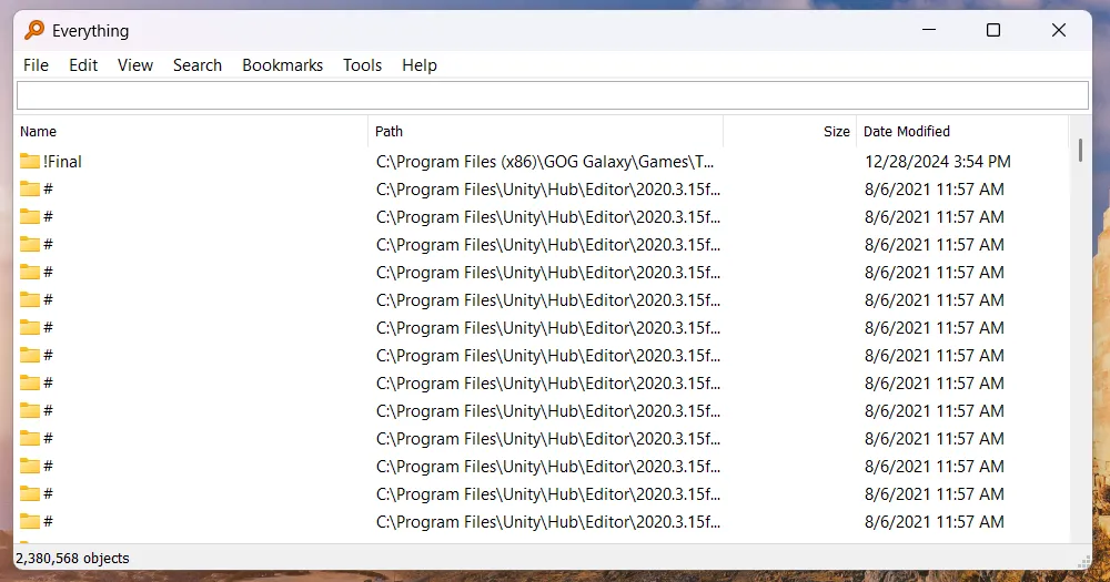 Ứng dụng Everything trên Windows với ô tìm kiếm và danh sách kết quả file hiển thị tức thì.