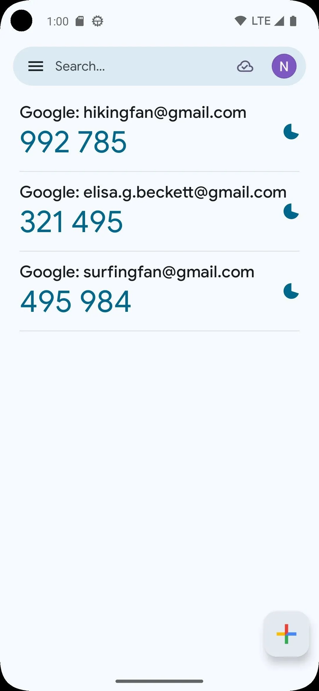 Ứng dụng Google Authenticator hiển thị danh sách các mã xác thực theo thời gian
