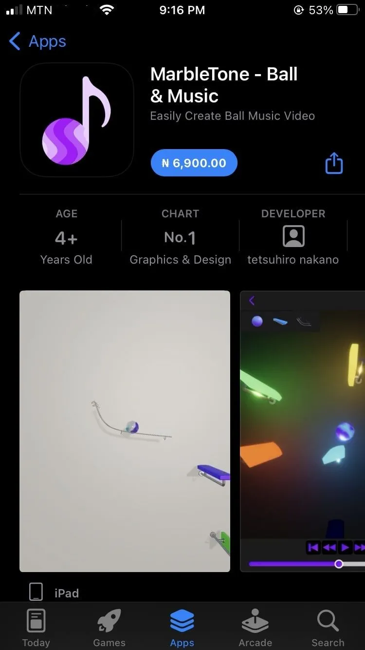 Ứng dụng MarbleTone hiển thị trên App Store của iOS, chờ được tải xuống và xác thực.