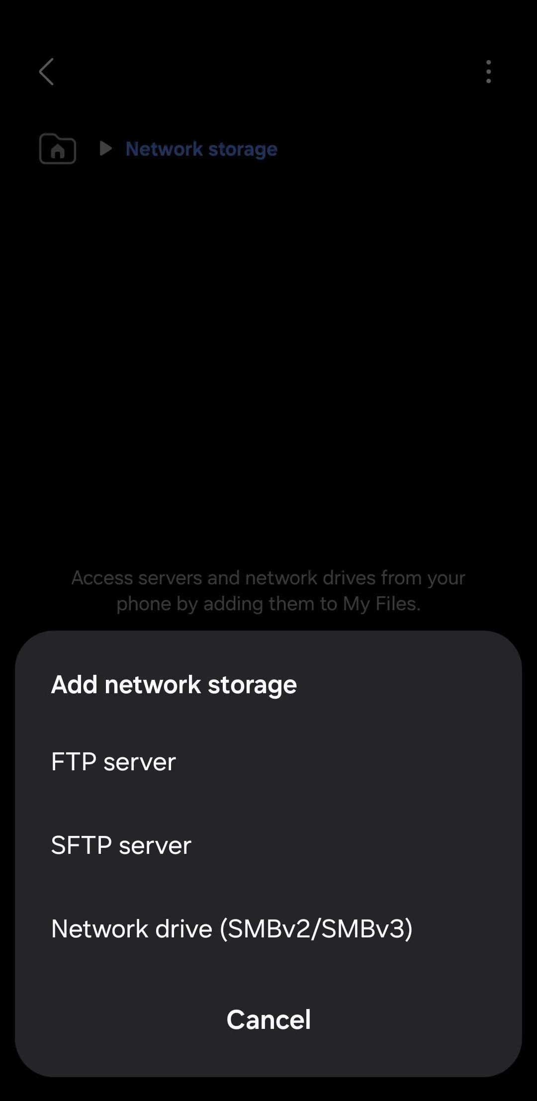 Ứng dụng Samsung Files hiển thị tùy chọn thêm bộ nhớ mạng, bao gồm kết nối với máy chủ FTP và ổ đĩa chia sẻ.