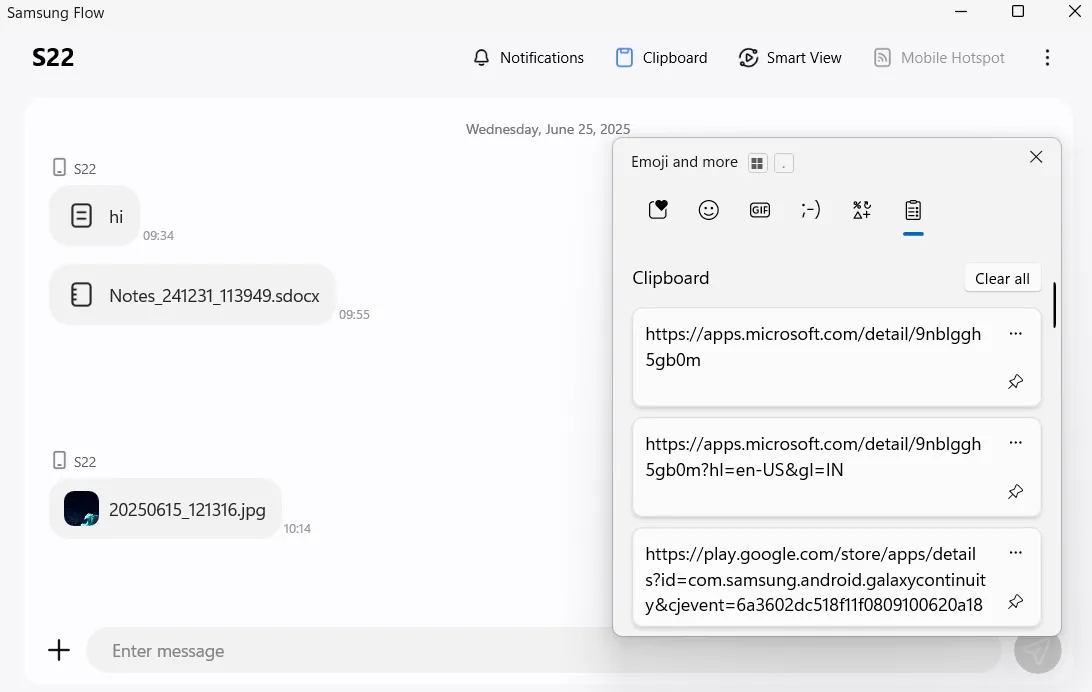 Ứng dụng Samsung Flow trên máy tính Windows, minh họa tính năng đồng bộ clipboard liên kết với khay nhớ tạm của Windows.
