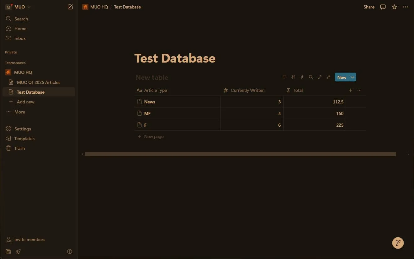 Ví dụ cơ sở dữ liệu (database) thử nghiệm trong Notion minh họa hạn chế của công thức theo cột