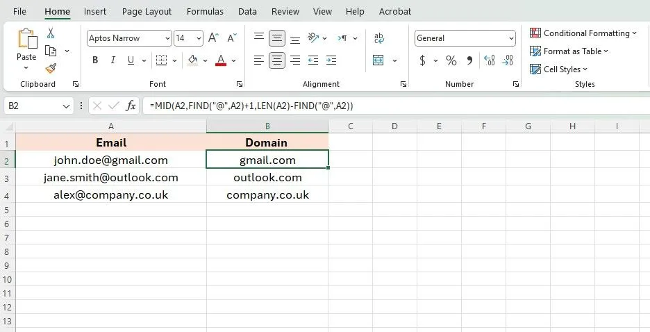 Ví dụ trích xuất tên miền email trong Excel bằng công thức phức tạp