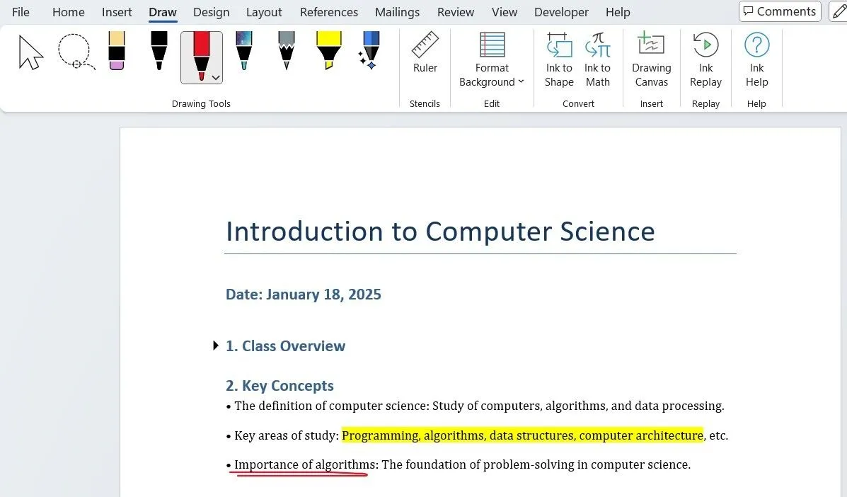 Ví dụ về ghi chú bài học khoa học máy tính được tổ chức khoa học trong Microsoft Word