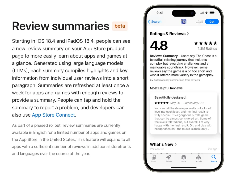 Ví dụ về tính năng tóm tắt đánh giá ứng dụng bằng AI trên App Store của Apple