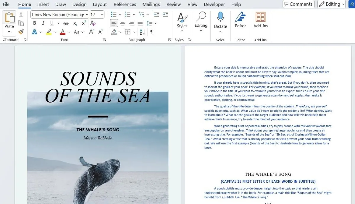 Ví dụ về trang bìa eBook &quot;Sounds of the sea&quot; đang được thiết kế trong tài liệu Microsoft Word