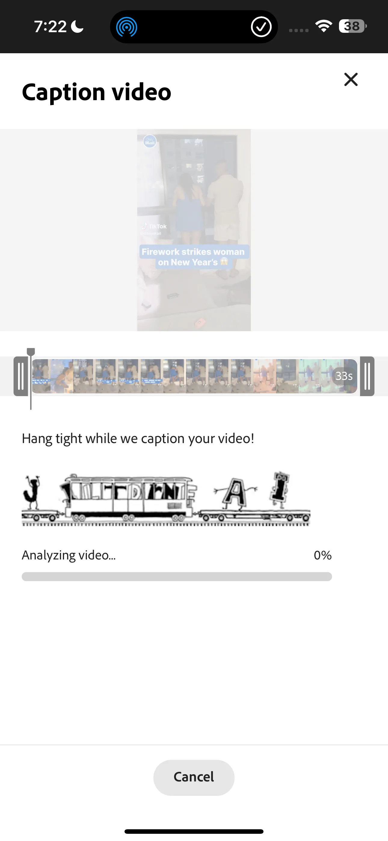 Video đang được xử lý trong Adobe Express để thêm phụ đề tự động, hiển thị tiến trình và tùy chọn ngôn ngữ