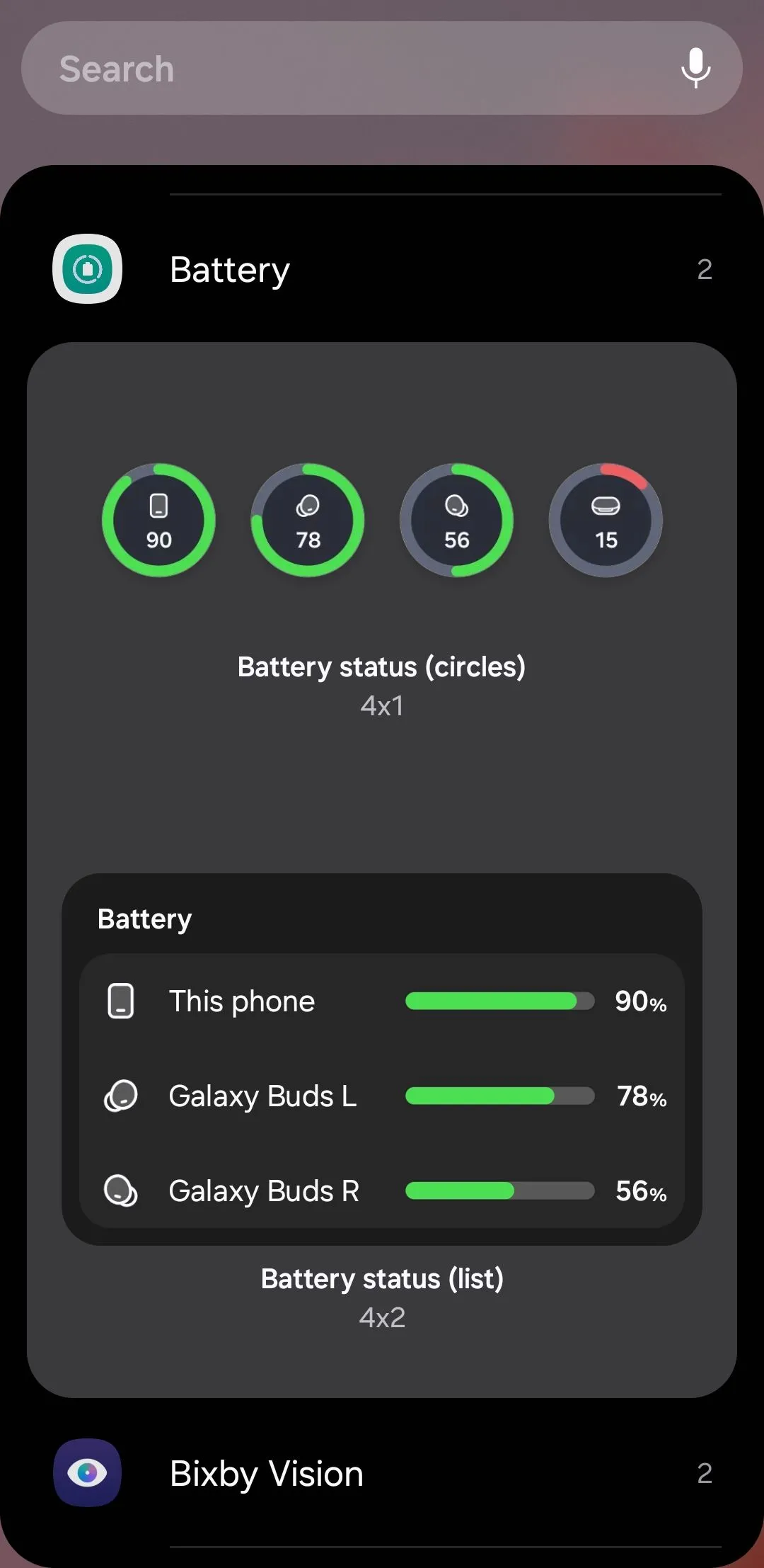 Widget hiển thị trạng thái pin của điện thoại, tai nghe Galaxy Buds và đồng hồ Galaxy Watch.